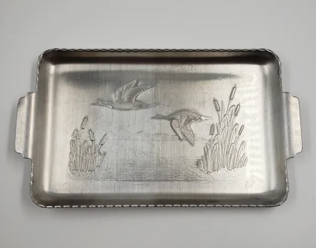 Vintage Embossed Aluminum Snack Tray Ducks Geese with Cat Tails Rectangular