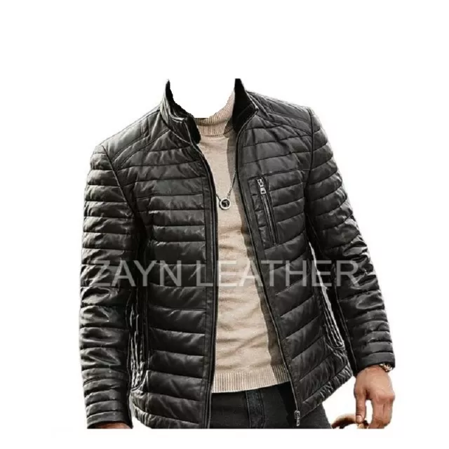 Men Puffer Quilted Leather Jacket Biker Motorcycle Genuine Lambskin Black Jacket