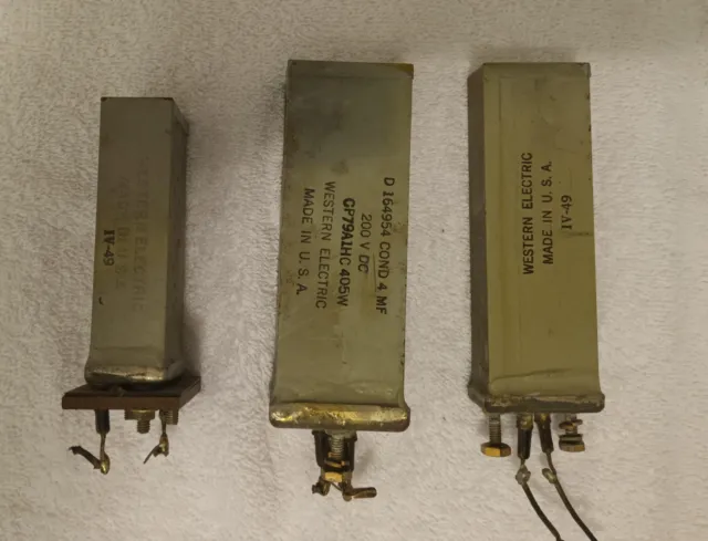 lot of 3 capacitors, WESTERN ELECTRIC COND 1MF 250VDC, 2MF 200VDC, 4MF 200VDC