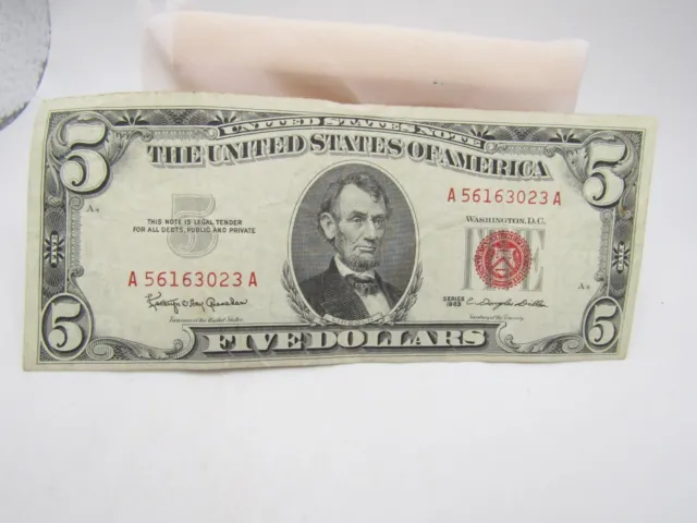 U. S. 5.00  United States Note Series 1963 Red Seal A 56163023 A*