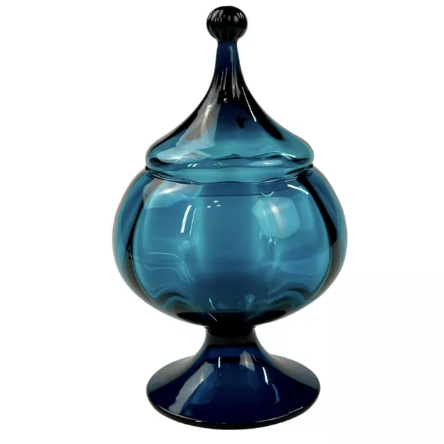 Mid-Century Italian Empoli Blue Art Glass Lidded Apothecary Jar Compote 10”