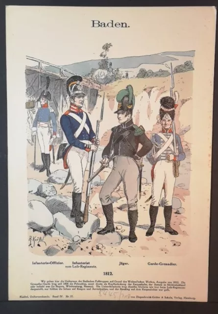 Chromolithografie von 1896. Baden. Infanterie-Offizier, Jäger, Garde-Grenadier.