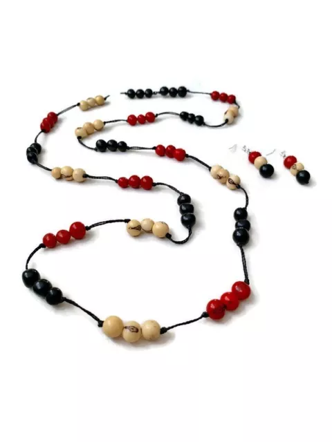 Long Tagua Nut Necklace and Earrings in Red, Black, BeigeTagua Necklace T634