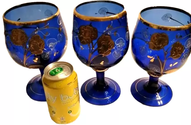 Vtg Handblown Oversized Cobalt Blue Set 3 Gold Floral   Goblet Glasses 8.5" Tall