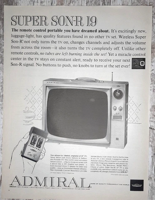 1961 Admiral Vintage Print Ad Television Super Son-R Remote Control Portable B&W