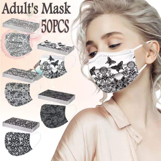 50PCS Adult Lace Mask Disposable Face Mask 3Ply Ear Loop Anti-PM2.5 Face Masks