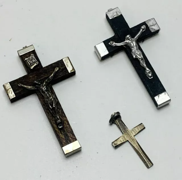 Jesuskreuz Antik alt Holz Metall versilbert 3 Stück Sammler Mini Rosenkranz