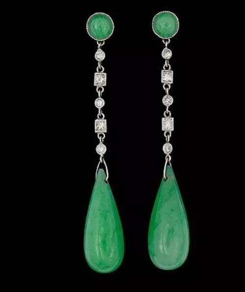 Vintage Drop Cut Natural Green Jade Dangle Earring 14k White Gold Over Silve 925