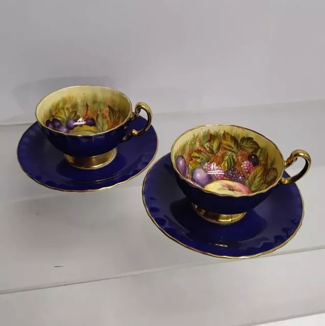 (2) Aynsley Gold/Cobalt Blue/ Fruit Orchard Teacup Saucer Sets # 1036 Green Mark