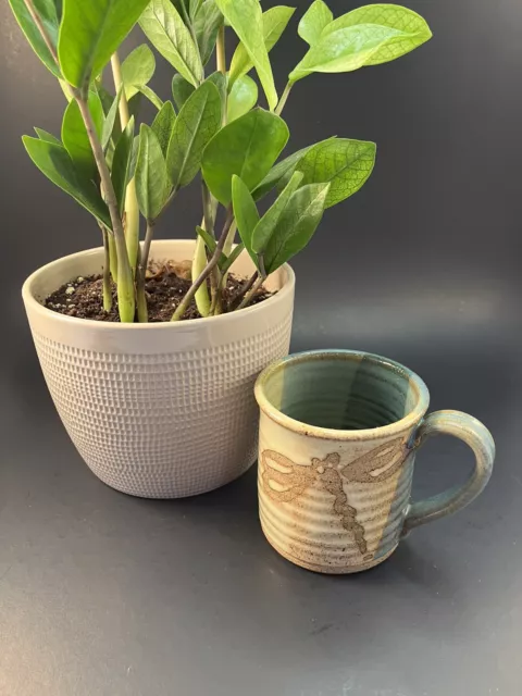 Stoneware Art Pottery Dragonfly Mug Blue Green Tan Signed