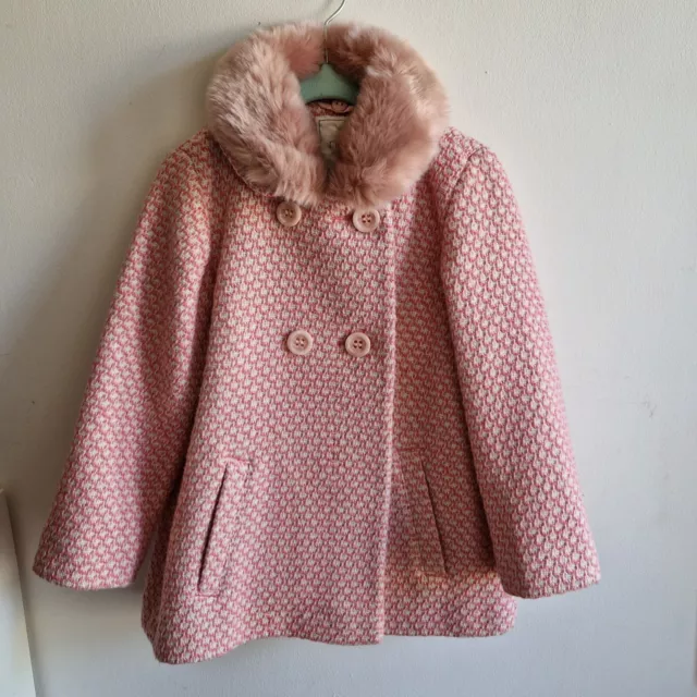 Next Pink Double Breasted Pea Coat Detachable Fur Trim Collar Age 4-5