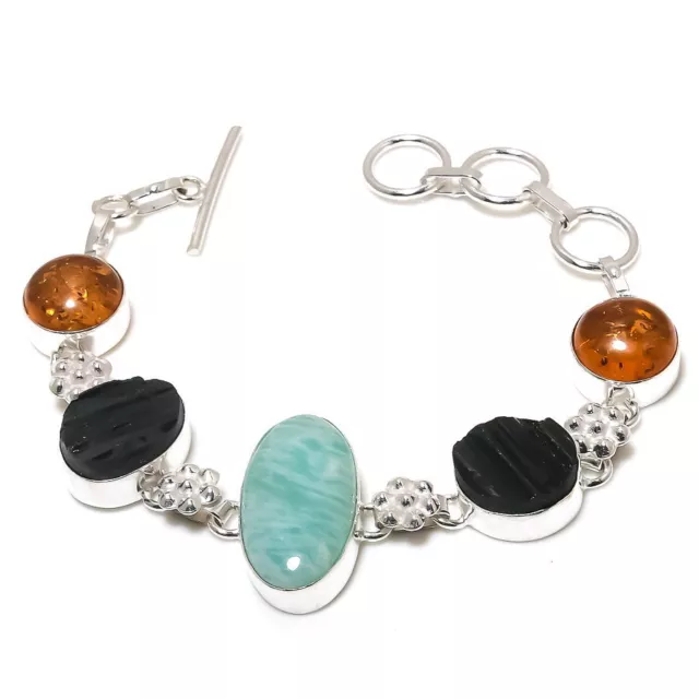 Amazonite, Tourmaline Gemstone Handmade 925 Sterling Silver Bracelet 7-8"