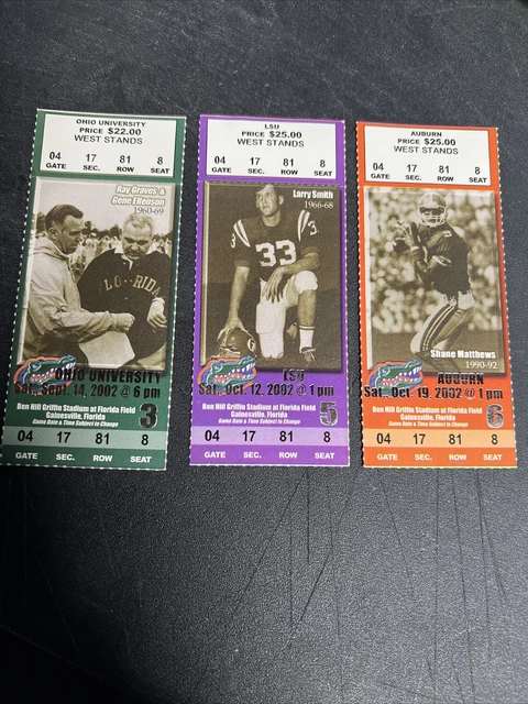 2002 Florida Gators 3 Ticket Lot vs LSU Auburn & Ohio U NCAA Football