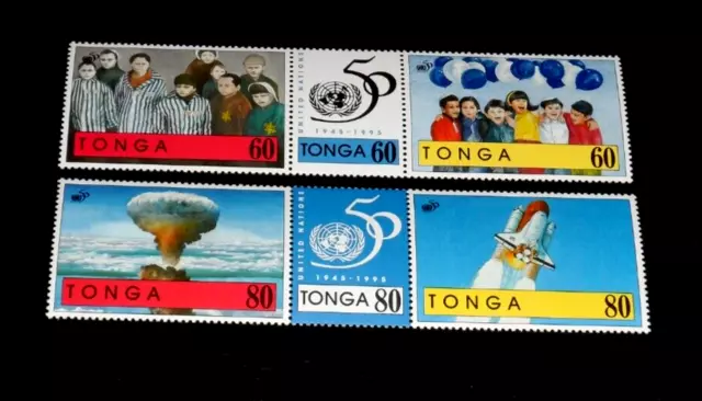 TONGA #905-906, 1995, U.N. 50th ANNIV. MNH, STRIPS/3, NICE LQQK