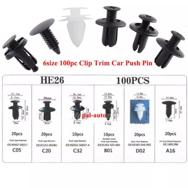 6size 100pc Clip Trim Car Push Pin Rivet Bumper Door Panel Retainer Fastener Kit