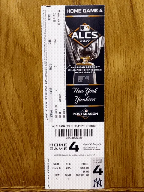 New York Yankees 2019 ALCS Home Game 4 Ticket Stub ~ Playoffs