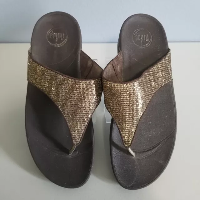 FitFlop US Women's 9 Flip Thong Sandals Gold Metallic Rhinestone Strap Brown