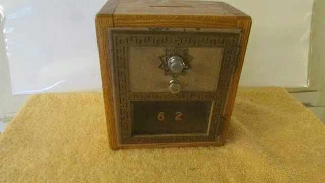 Vintage Oak Wood PO Post Office Piggy Bank Mail Lock Box with Brass Door BX-2