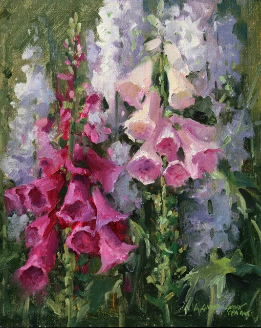 Linda Glover Gooch Dual Foxgloves Pink and White Oil Painting on Linen 12x10