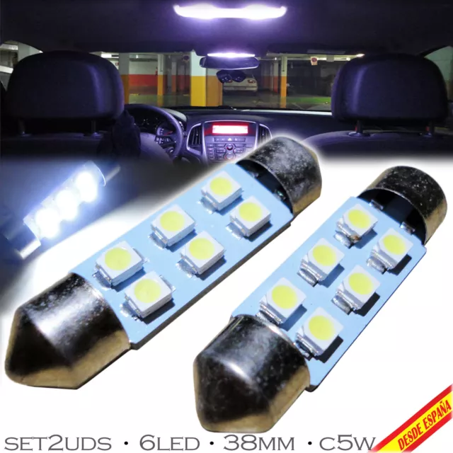 2x BOMBILLAS 6 LED BLANCO XENON 38 39MM 6400K C5W C11 FESTOON MATRICULA INTERIOR