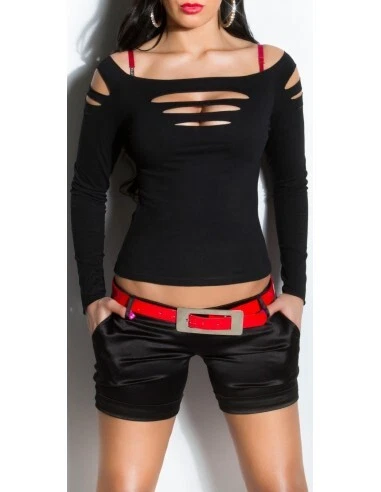 Maglia donna aderente manica lunga maglietta strappi sexy scollo tshirt top