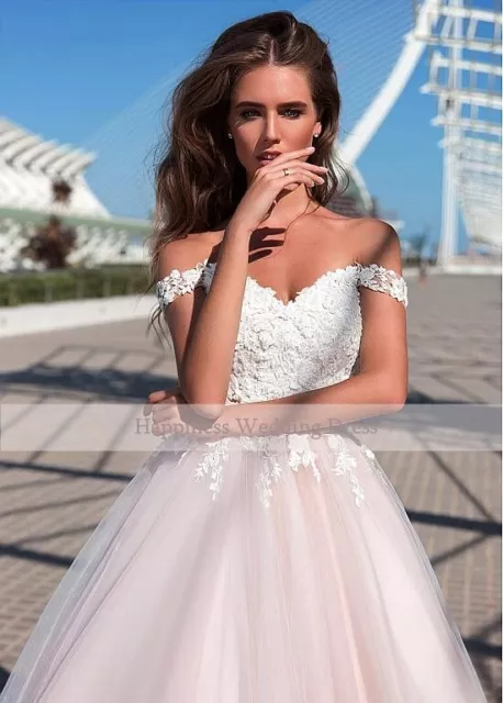 White and Pink Tulle Wedding Dress Off the Shoulder Sweetheart Appliques Bridal 3
