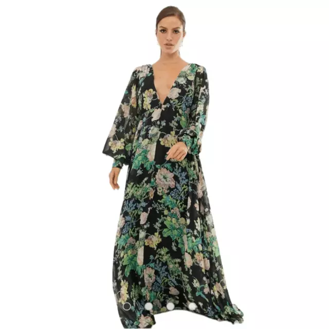 ASOS Dress Womens Size 2 Blouson Sleeve Double V Neck Floral Maxi Gown