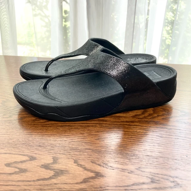 FitFlop Lulu Shimmersuede Thong Sandal Women 9 Black Shimmer Leather Shoe RP$110
