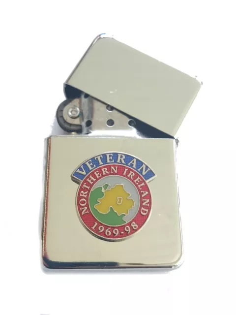 NI Northern Ireland Military Veteran Chrome Windproof Petrol Lighter in Gift Box