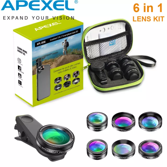 APEXEL 6in1 Camera Lens Kit Fisheye Wide Angle Macro Star Filter CPL for iphone