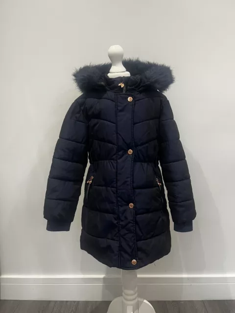 Ted Baker Girls Navy Blue Padded Quilted Warm Fur Trim Coat Age 6 Years 💙