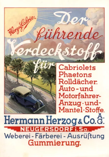 Herzog Cabrio Neugersdof i.Sa. XL Reklame 1937 sehr selten Verdeckstoff Soft top