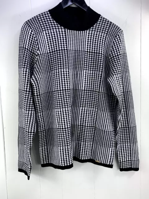 Tahari Women's Mock Neck Houndstooth Pullover Sweater Long Sleeve Size L Black