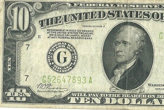 1928C Green Seal Ten Dollar Bill Note In Good Condition.