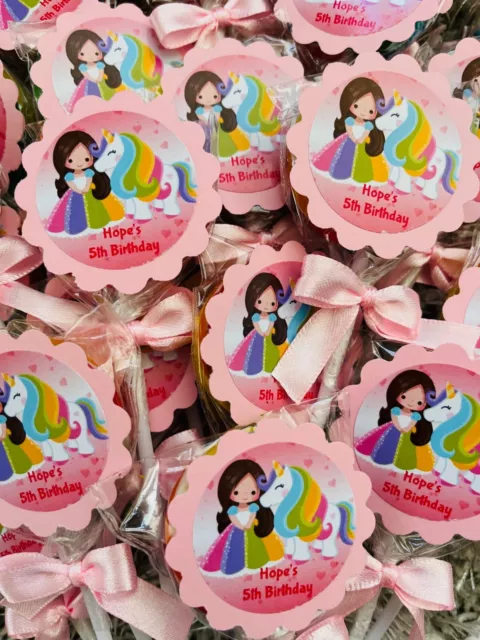 24 x Personalised Unicorn Rainbow Lollipops / Loot Bag Fillers / Party Favors