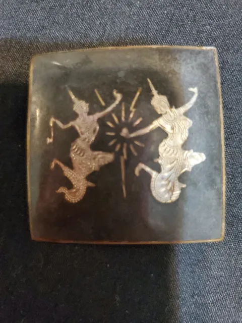 Vintage Sterling Silver Etched Art Two Thai Dancers Pin Brooch. Made In Siam