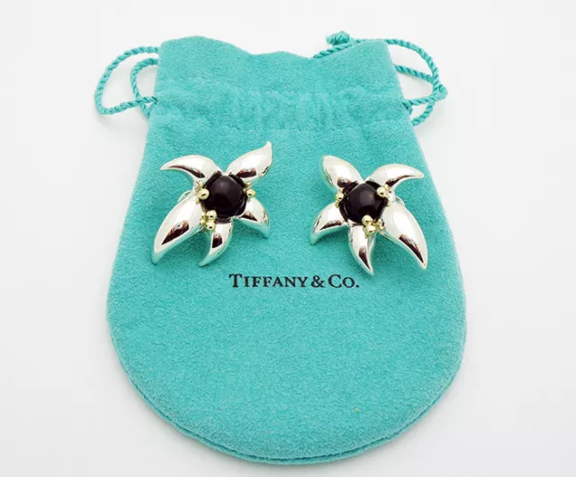 Tiffany & Co. 1993 Black Onyx Omega Back Earrings in Sterling Silver & 18k Gold