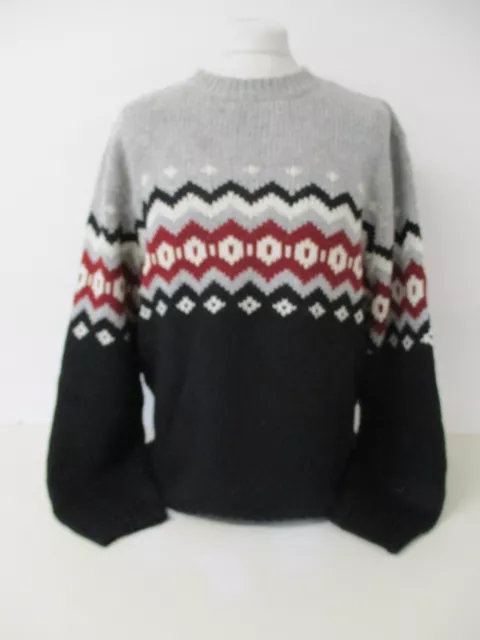 Fairisle Icelandic Sweater, ROUTE 66 Jumper, Grey Black, Large, To Fit 48" Chest