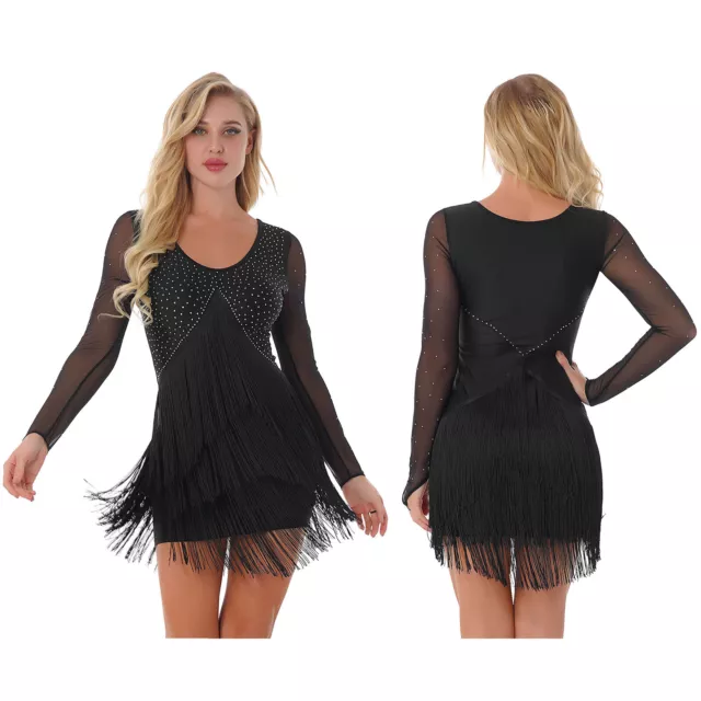 Women's Latin Dance Dress Mesh Long Sleeve Fringe Cha-Cha Rumba Ballroom Costume