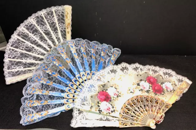 Set of 3 - Vintage Abanicos Giner Hand Painted Lace Trim Hand Foldable Fan Spain