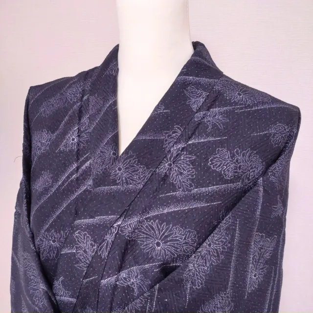 Woman Japanese Kimono Komon Silk Navy Blue Green Flowers Sayagata