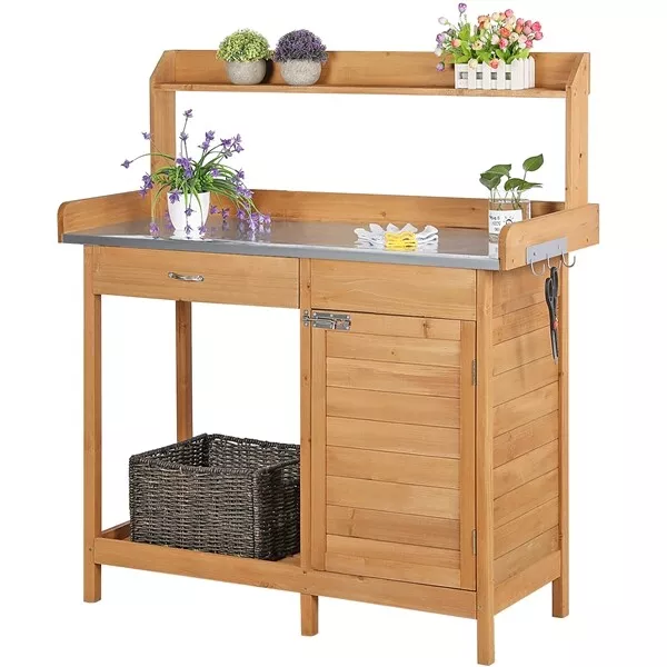 Potting Bench Table Wood Garden Work Station Bench with Cabinet Drawer and Shelf