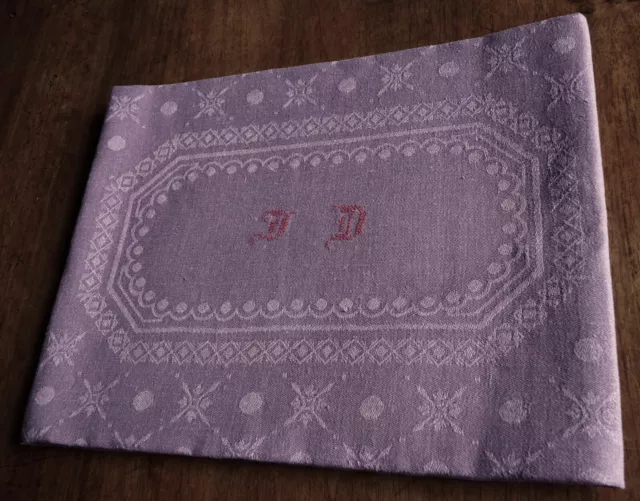 Grande serviette/Surnappe en pur fil de lin damassé ancien teinte mauve soutenu