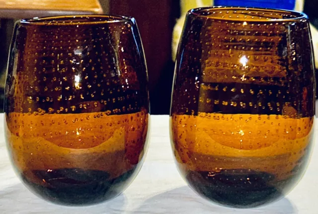 VINTAGE BULLICANTE AMBER HAND BLOWN STEMLESS Controlled Bubble Glass Set Of 2