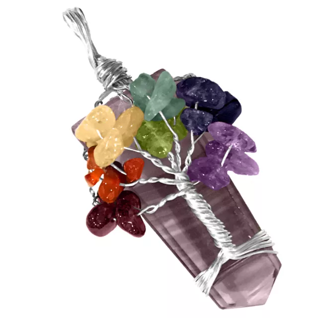 Rainbow Fluorite Crystal Tree Of Life 7 Chakra Pendant Silver Wire Wrap Necklace