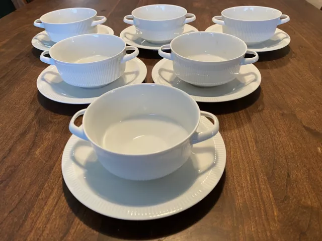 DISCOUNT! set of (6) ARZBERG ribbed white CREAM SOUP BOWLS  SAUCERs GERMANY MINT