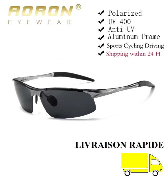 Lunettes De Soleil AORON Polarisées UV400 - Monture Aluminium Noir - Verres Jaunes