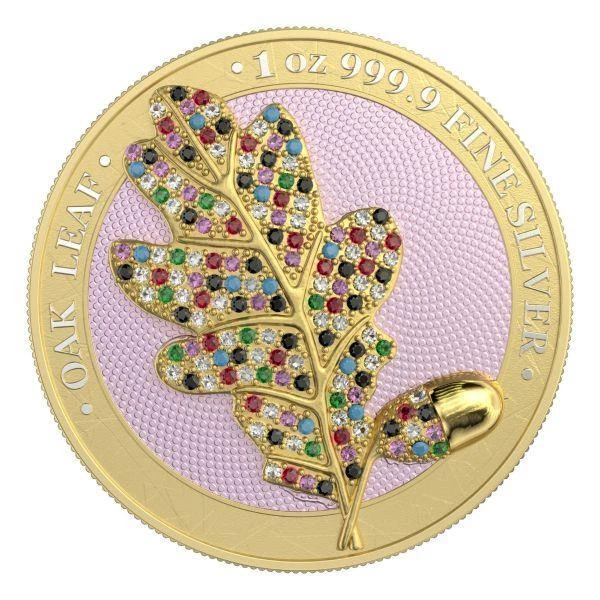 2019 Germany 5 Mark - Bejeweled Oak Leaf - Yellow - 1 Oz Silver Coin