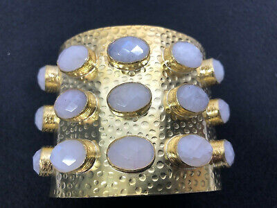 vtg artisan Turkish hammered brass moonstone wide cuff bracelet 2.5''sz 7/8