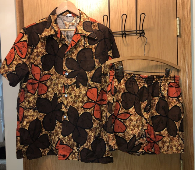 HAWAIIAN Flower SHIRT & SWIM TRUNKS / SHORTS SET TiKi CABANA Made in CALIFORNIA